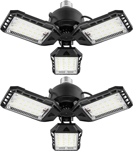 Aoretic LED Garage Lights Bulb 2 Pack -80W, 8000LM 6500K Led Shop Light with 3 Deformable Panels, Basement Barn Light Garage Ceiling Lights, E26/E27 for Garage, Warehouse, Shop, Basement