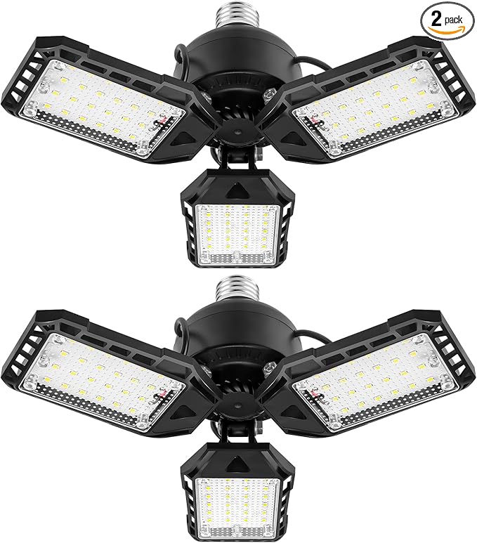 Aoretic LED Garage Lights 2 Pack -80W, 8000LM 6500K Led Shop Light with 3 Deformable Panels, Basement Barn Light Garage Ceiling Lights, E26 for Garage, Warehouse, Shop, Basement