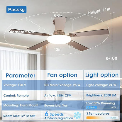 Passky Ceiling Fans with Lights, 52 inch Flush Mount Ceiling fan with Remote Control, Low Profile Ceiling Fan for Bedroom, Farmhouse, Reversible, 3CCT, Dimmable, Noiseless DC Motor, Brown