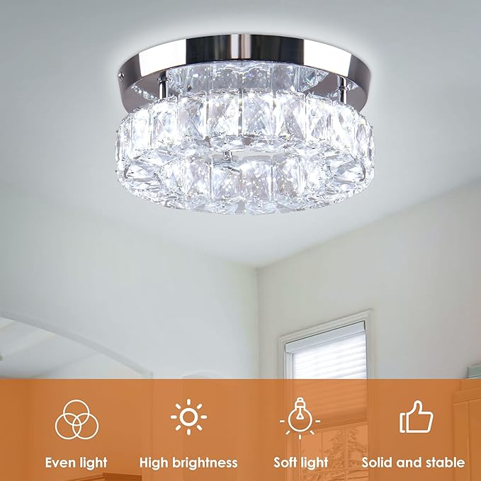 9.8" Crystal Flush Mount Ceiling Light Fixtures LED Round Mini Chandelier Light Fixture Ceiling Lamp for Kitchen Hallway Foyer 15 W 6000K Cool White