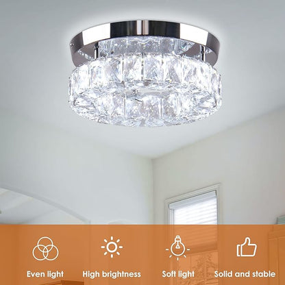 9.8" Crystal Flush Mount Ceiling Light Fixtures LED Round Mini Chandelier Light Fixture Ceiling Lamp for Kitchen Hallway Foyer 15 W 6000K Cool White