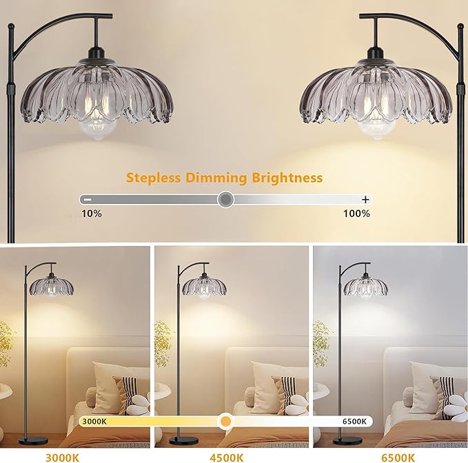 AHDWDW Arc Floor Lamps for Living Room with Remote,Black Dimmable Floor Lamp with Gray Glass Shade,Unique Vintage Flower Standing Tall Lamp,Modern Mid Century Floor Lamps for Bedroom Office Corner