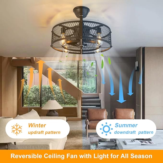 Depuley Caged Ceiling Fan with Light: 20" Black Small Fandelier Ceiling Fan with Remote - Farmhouse Fandelier with Fan Light Fixture for Low Profile Indoor Bedroon Kitchen Living Dining Room
