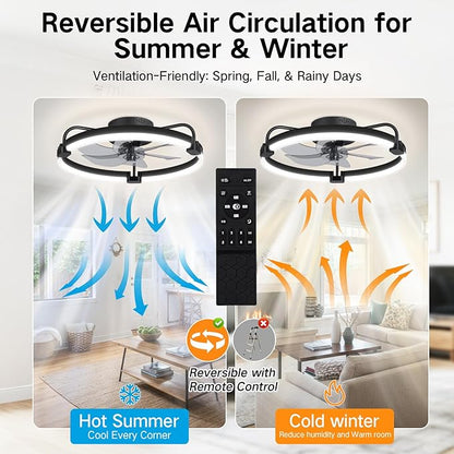 OUTON 20" Ceiling Fan with Light, Remote & App Control, Fandelier Low Profile Flush Mount Ceiling Fan with 3000K-6500K Stepless Dimmable, 6 Speed, Quiet DC Motor, Small Modern Ceiling Fans for Bedroom