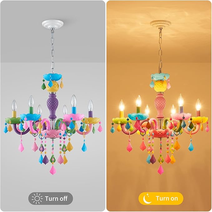 6-Light Children Crystal Chandeliers, Modern Design Rainbow Colorful Pendant Light Fixture for Bedroom, Dining Room, D23×H33~71 inch(Adjustable Height), Macaron Color Finish & K9 Crystal