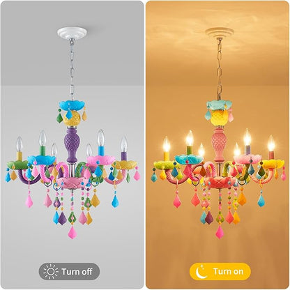 6-Light Children Crystal Chandeliers, Modern Design Rainbow Colorful Pendant Light Fixture for Bedroom, Dining Room, D23×H33~71 inch(Adjustable Height), Macaron Color Finish & K9 Crystal