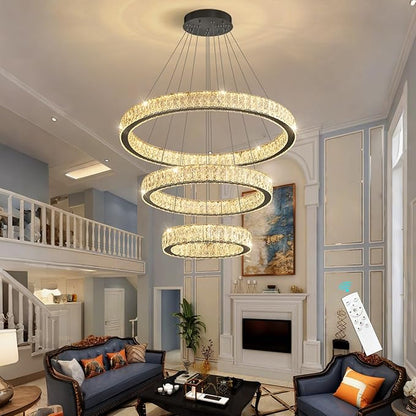 Modern Crystal Chandelier 55W Dimmable LED Chandeliers with Remote Luxury Height Adjustable Pendant Lighting for Living Room Dining Room Black