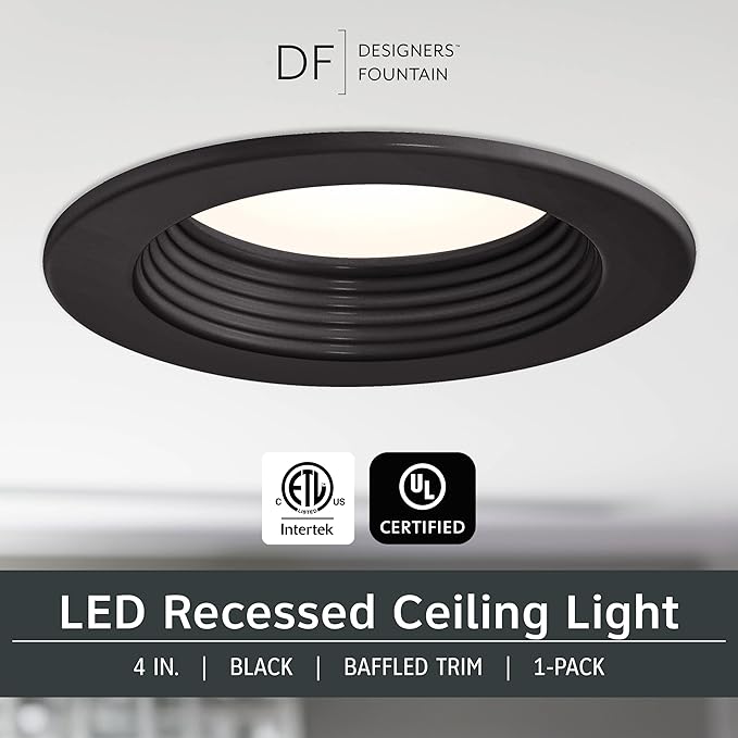 DESIGNERS FOUNTAIN LED Recessed Ceiling Light, 4 Inch 5CCT Downlight Metal Lighting Fixture, Dimmable, 1000 Lumens, 2700K/3000K/3500K/4000K/5000K, Black Baffle Retrofit Trim, EVL40893T50BK
