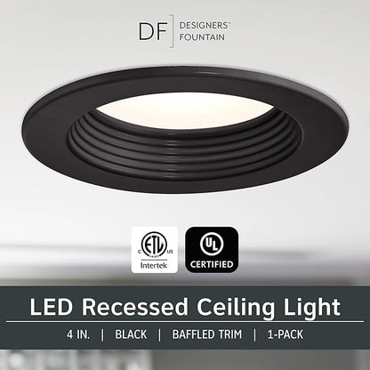 DESIGNERS FOUNTAIN LED Recessed Ceiling Light, 4 Inch 5CCT Downlight Metal Lighting Fixture, Dimmable, 1000 Lumens, 2700K/3000K/3500K/4000K/5000K, Black Baffle Retrofit Trim, EVL40893T50BK