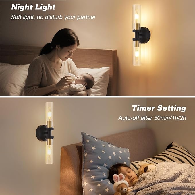 Battery Operated Wall Sconces Set of 2, 330° Rotation 3000K-6000K Dimmable Wireless Wall Sconce with Clear Glass Black Gold 10400mAh USB Rechargeable Wall Lights with Remote Bulbs Included 2 Pack
