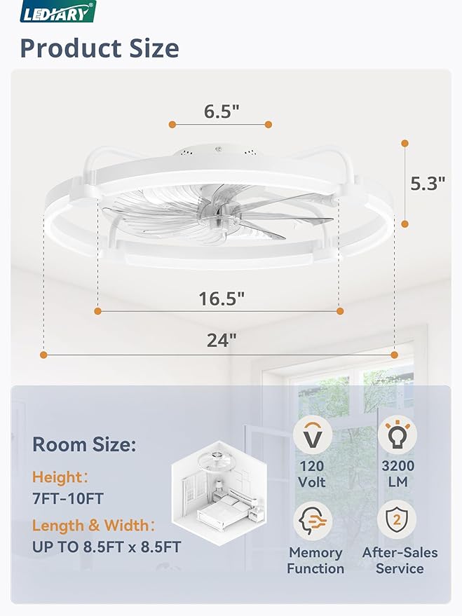LEDIARY Ceiling Fans with Lights and Remote, 24'' Low Profile Ceiling Fan with Light, 3000-6000K Dimmable Fandelier LED Fan Light, 6 Wind Speeds, White Modern Flush Mount Ceiling Fan for Bedroom
