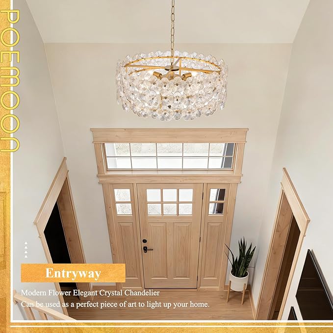 24" Clear Flower Glass Chandeliers 8-Lights Modern Gold Chandelier Light Fixture Luxury Pendant Lighting for Foyer Entryway Living Dining Room Kitchen, E12