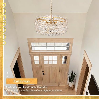 24" Clear Flower Glass Chandeliers 8-Lights Modern Gold Chandelier Light Fixture Luxury Pendant Lighting for Foyer Entryway Living Dining Room Kitchen, E12