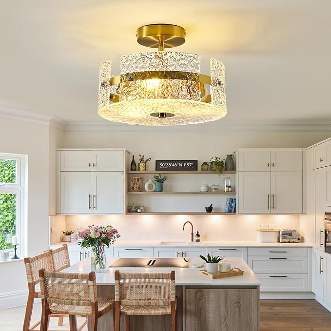 ZGLAOJT Semi Flush Mount Ceiling Light Modern Gold Celing Light Fixture 3-Light 12 Inch Acrylic Farmhouse for Kitchen Bedroom Hallway Dining Room.