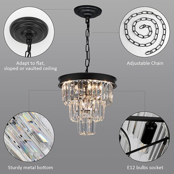 Weesalife Crystal Chandeliers for Dining Room Light Fixtures Over Table，4-Lights Modern Black Crystal Pendant Lighting Fixture，3 Tiers Small Chandeliers for Kitchen Island Bedroom Entryway D12 Inch