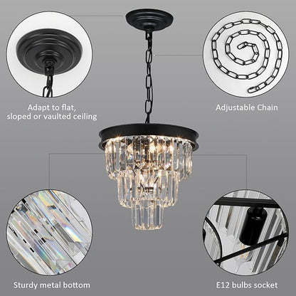 Weesalife Crystal Chandeliers for Dining Room Light Fixtures Over Table，4-Lights Modern Black Crystal Pendant Lighting Fixture，3 Tiers Small Chandeliers for Kitchen Island Bedroom Entryway D12 Inch