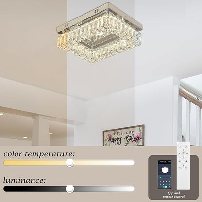Finktonglan Modern Crystal Flush Mount Ceiling Light, 11.8" Rectangular Dimmable LED Ceiling Fixture with Multi-Faceted Crystal Prisms, 18W Low Profile for Bedroom Hallway Entryway