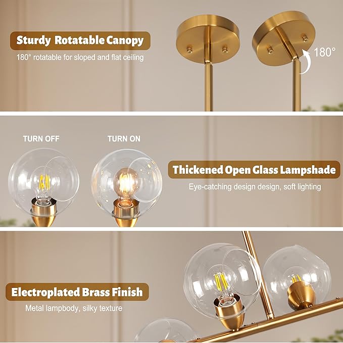 50" Gold Modern Sputnik Chandeliers, Open Clear Glass Globe Linear Chandeliers for Dining Room, 8-Light Luxury Dining Room Light Linear Kitchen Island Lights Large Long Chandelier, Electroplated Brass