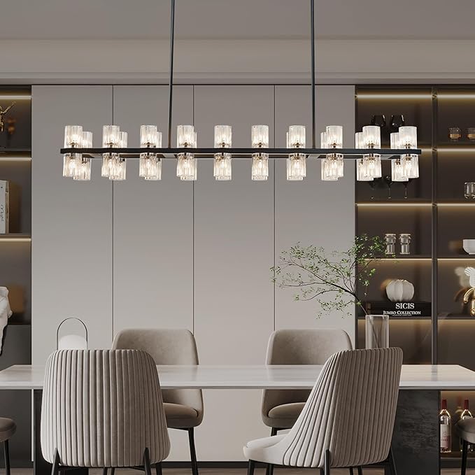 Black Rectangular Crystal Chandelier for Dining Room, 53 in Light Fixture Chandelier Over Table, Modern Crystal Chandelier Pendant Light for Kitchen Island Living Room