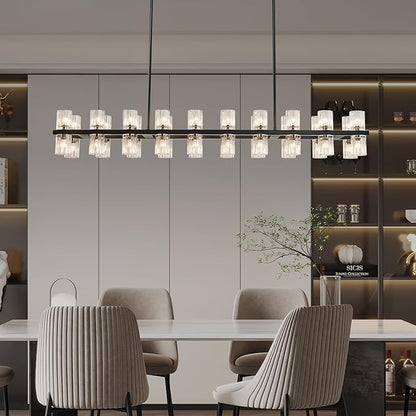 Black Rectangular Crystal Chandelier for Dining Room, 53 in Light Fixture Chandelier Over Table, Modern Crystal Chandelier Pendant Light for Kitchen Island Living Room