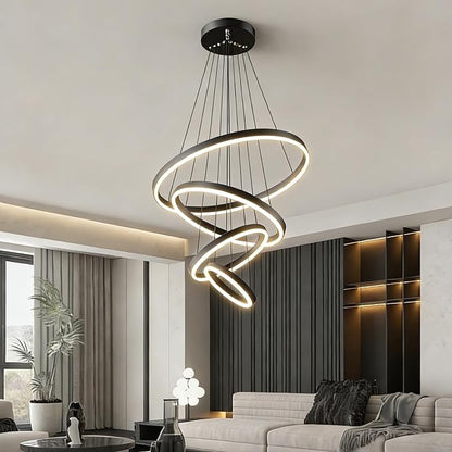 Modern LED Pendant Light, Black 4 Ring Circular Chandelier Fixture, Adjustable Height Circular Entrance Pendant Light, Suitable for Restaurants, Kitchens, Islands, Living Rooms, Cafes, Etc. (4000K)