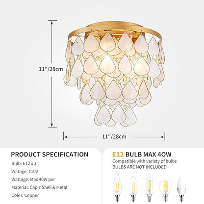 3-Light Teardrop Capiz Shell Ceiling Light, Coastal Design Flushmount Close to Ceiling Light for Kitchen, Dining Room & Bedroom, D11 * H11 inch, Gold Finish