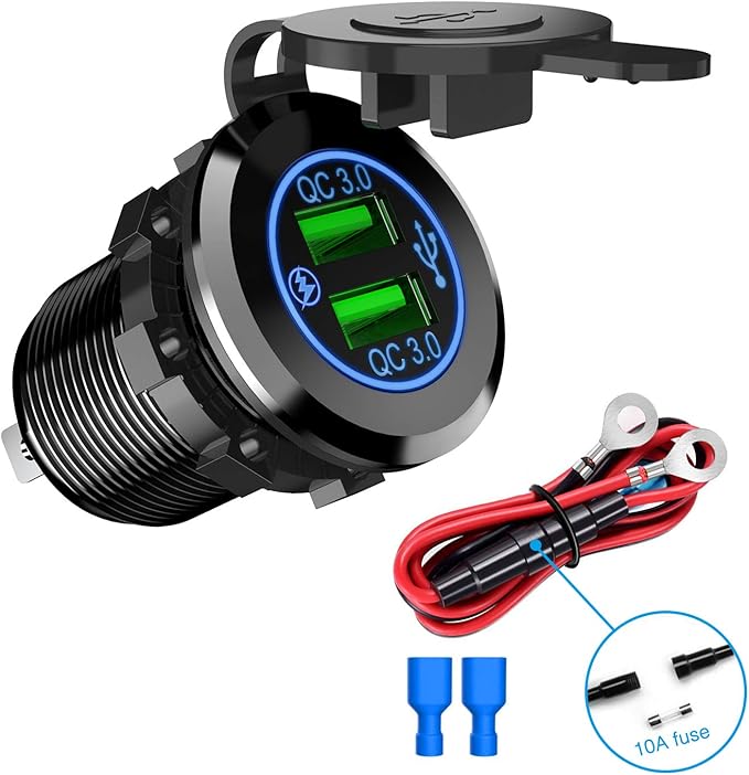 Nilight - 90103A Dual USB Port QC 3.0 Fast Charging Hubs USB Charger Socket Power Outlet 2.1A & 2.1A x2 for Car Boat Marine RV Mobile with Wire Fuse DIY Kit with Lightly Blue LED, 2 years Warranty
