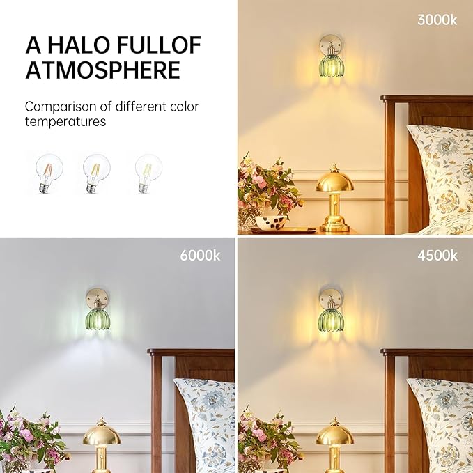 Shenmoyl Vintage Wall Sconces with Green Tulip Glass Lampshade 180 Degree Adjustable Brass Sconces Hradwired Modern Wall Lighting Fixture with Switch for Bedside Bedroom Doorway