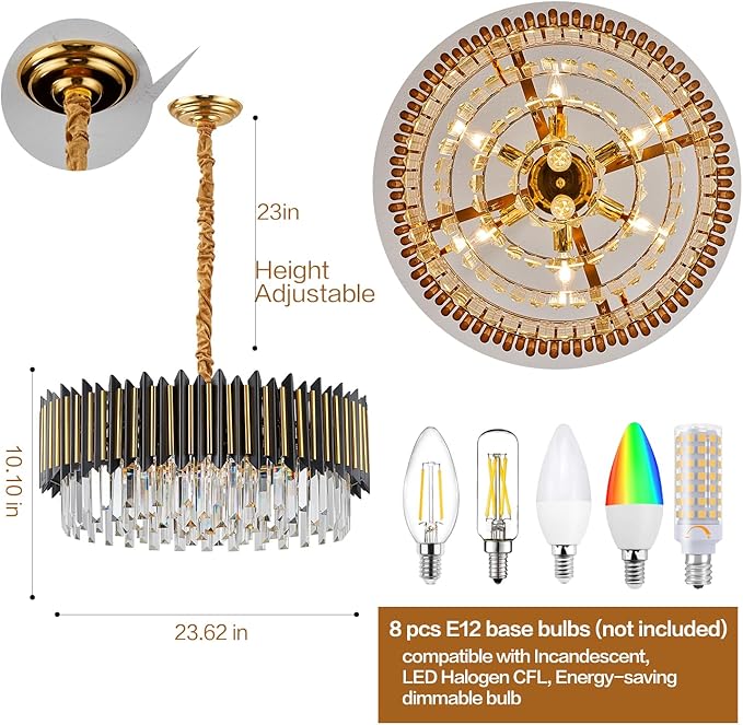 Black and Gold Chandelier 3-Tier Modern Large Crystal Chandelier Semi Flush Mount Chandelier Light Round Ceiling Light Fixture Ceiling Lamp Modern Chandelier for Dining room Living Room Kitchen