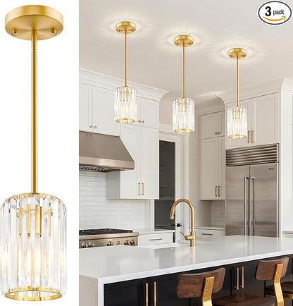 Gold Pendant Light, Modern Crystal Pendant Lights Kitchen Island, Kitchen Island Lighting with Adjustable Height, UL Certified Island Lights for Kitchen Dining Room Bedroom Hallway 3 Pack