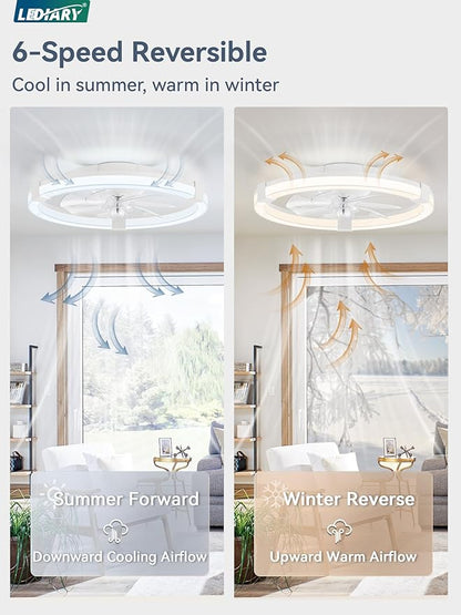 LEDIARY Ceiling Fans with Lights, 23 Inch Low Profile Ceiling Fan with Remote, 6 Speeds, Reversible, Dimmable Flush Mount Fan Light, Modern Fandelier Ceiling Fan with Lights for Bedroom, White