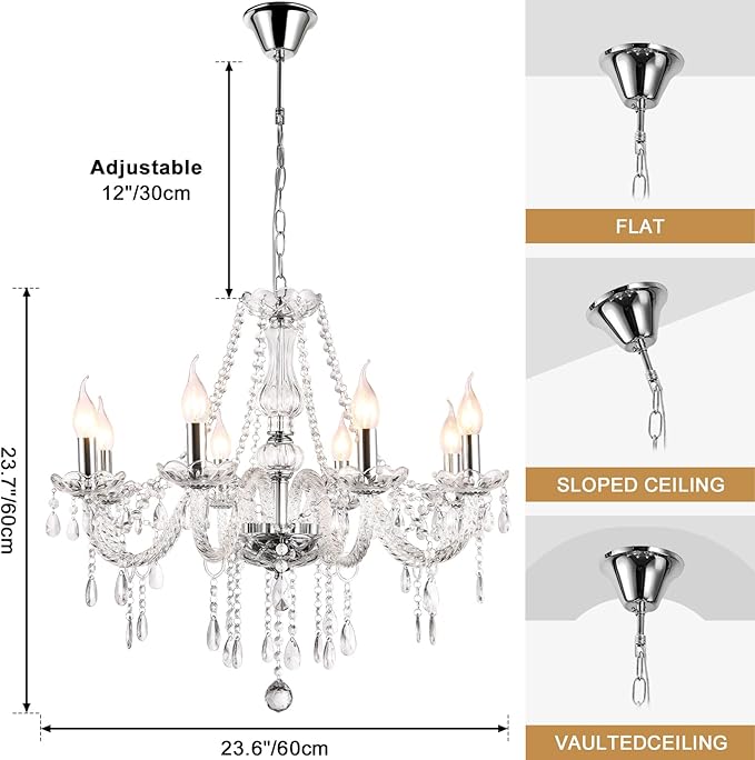 Baotree Modern Elegant 8 Lights K9 Crystal Glass Chandelier Pendant Ceiling Lighting European Style for Dining Living Room Bedroom Transparent, 8 E12 Bulbs Required
