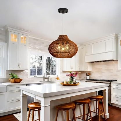 18.9IN Boho Rattan Chandelier 3-Lights Hand-Woven Rattan Pendant Light Farmhouse Wicker Dining Room Light Hanging Bamboo Pendant Light Fixture for Kitchen Island Living Room Hallway Reataurant