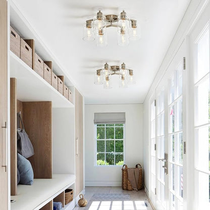 6 Light Semi Flush Mount Ceiling Light Modern Brushed Nickel Ceiling Light Fixtures Kitchen Lighting Fixtures Cieling with Clear Glass Shade for Kitchen Bedroom Living Room Dining Room