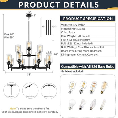 LIGHTDAMY Black Chandelier for Living Room Light Fixture, Large Farmhouse Chandeliers with Clear Glass Shade, Industrial 2-Tier 12 Lights Hanging Lighting for Dining Room Restaurant Villa