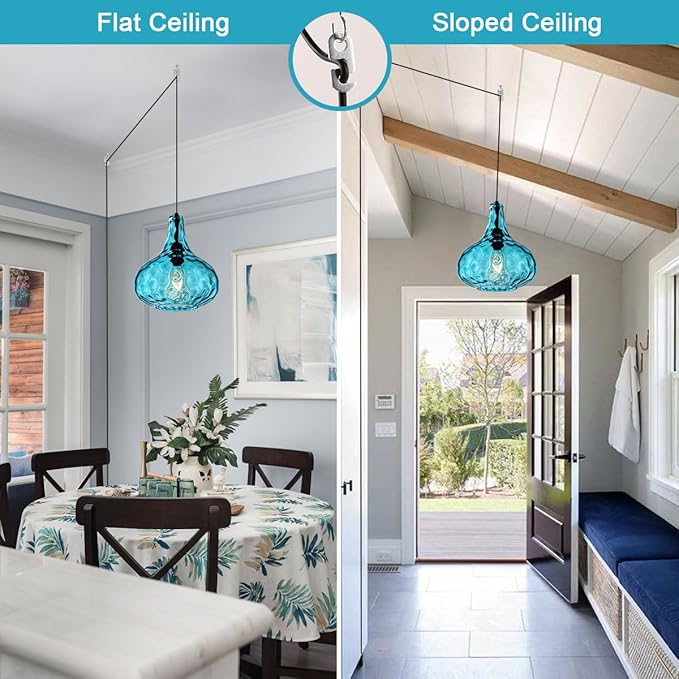 Blue Glass Plug in Pendant Light Fixture, Mid-Century Modern Pendant Lamp with 14.7 ft Cord Hammered Glass Globe Shade,Black Vintage Plug in Hanging Light for Bedroom Dining Living Room