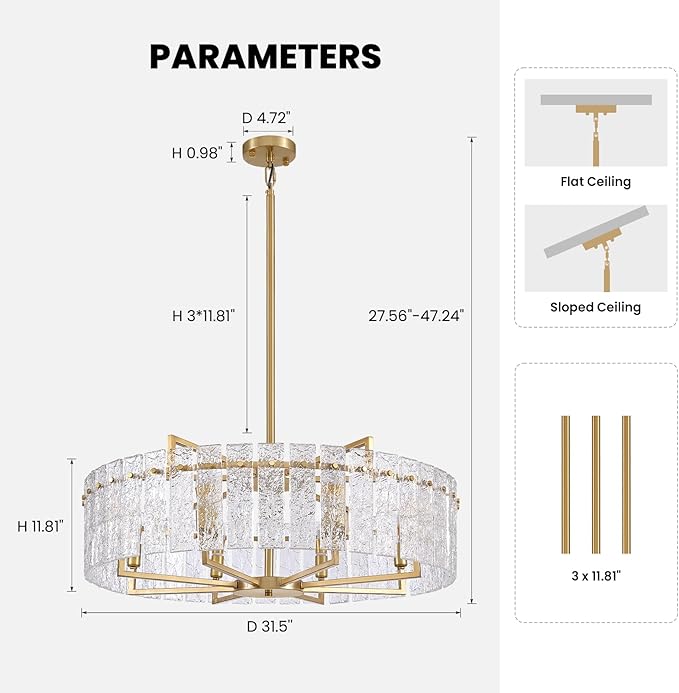 31.5" Modern Water Ripple Glass Chandeliers, Luxury 8-Light Round Drum Chandelier, Large Gold Pendant Lighting Fixtures for Living Room Dining Room Bedroom Hotel