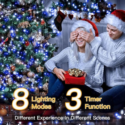 Ollny Christmas Lights, 500LED 164FT Long Christmas Tree Lights with 8 Modes Remote Timer IP44 Waterproof, Outdoor Christmas Lights for Tree House Yard Outside Xmas Decorations (Blue+White)