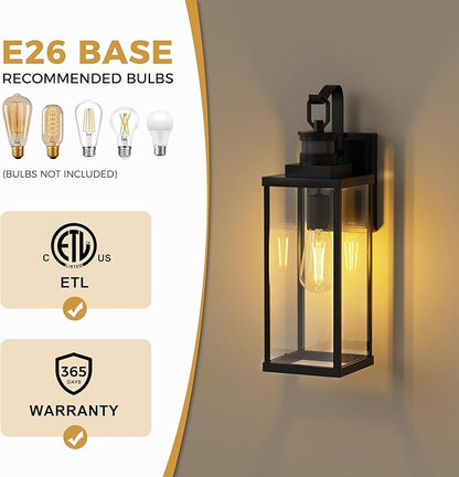 DORESshop Large Size Motion Sensor Outdoor Wall Lights, 18 Inch Matte Black Waterproof Anti-Rust Outdoor Light Fixtures Wall Mount with Clear Glass Shade for Porch, Garage, ETL Listed, 2 Pack