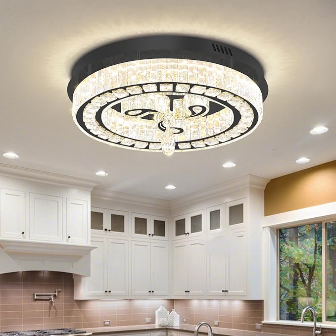 20'' Black Modern Crystal Chandelier LED Dimmable Flush Mount Crystal Ceiling Light for Living Room Bedroom Dining Room