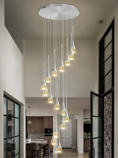 ykolupty Modern Crystal Chandeliers LED Dimmable Stairwell Chandelier Silver Teardrop Chandelier Large Pendant Light for Entryway Foyer Living Room
