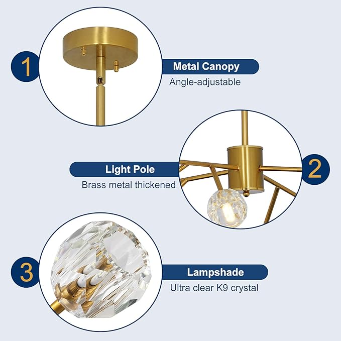 Depuley Chandelier Ceiling Light Fixture: 12-Light Modern Sputnik Chandelier for Dining Room - Height Adjustable Mid Century Gold Crystal Chandelier for Bedroom Living Room (Included G9 Bulbs)