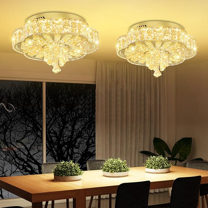16in Gold Crystal Chandeliers for Living Room Dining Room Crystal Ceiling Light Fixtures Modern LED Flush Mount Light Dimmable 2700k-6000k