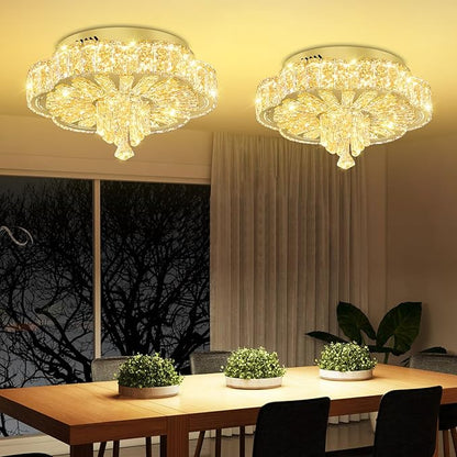 16in Gold Crystal Chandeliers for Living Room Dining Room Crystal Ceiling Light Fixtures Modern LED Flush Mount Light Dimmable 2700k-6000k