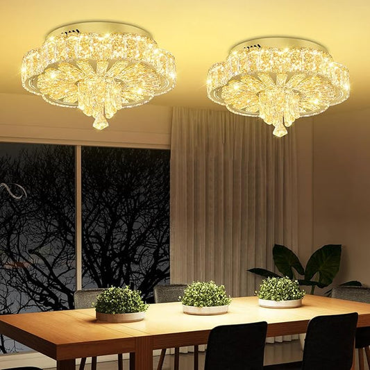 16in Gold Crystal Chandeliers for Living Room Dining Room Crystal Ceiling Light Fixtures Modern LED Flush Mount Light Dimmable 2700k-6000k