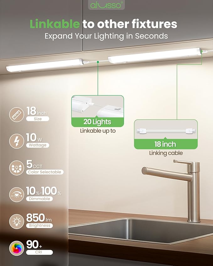 ALUSSO 18 Inch LED Under Cabinet Lighting Hardwired 120V, 5CCT Color Selectable 2700K-5000K Dimmable 10W 800LM High Brightness, CRI 90+ Strip Linkable Under Counter Lights for Kitchen Sink, 1 Pack