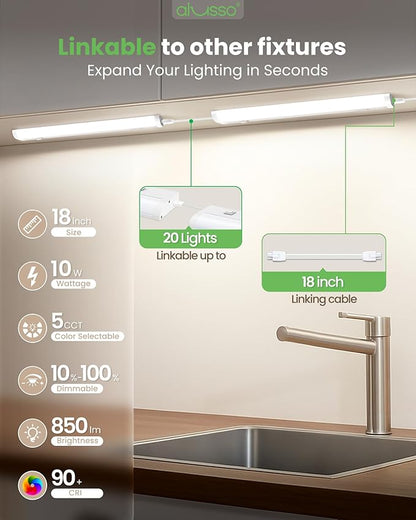 ALUSSO 18 Inch LED Under Cabinet Lighting Hardwired 120V, 5CCT Color Selectable 2700K-5000K Dimmable 10W 800LM High Brightness, CRI 90+ Strip Linkable Under Counter Lights for Kitchen Sink, 1 Pack