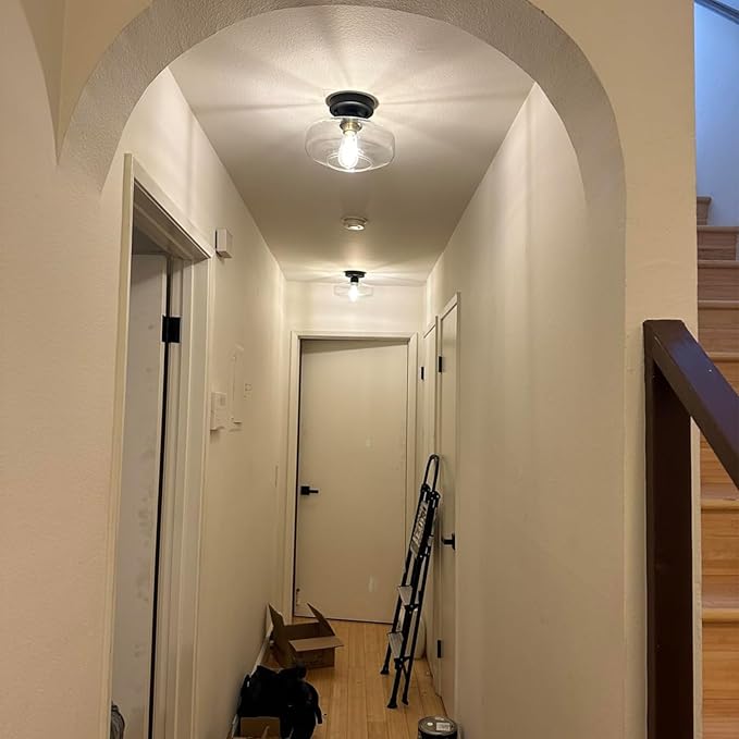 Semi Flush Mount Ceiling Light, 10.24" Modern Farmhouse Clear Glass Light Fixture with Matte Black Finish, E26 Base for Entryway Hallway Kitchen Bathroom (Bulb Not Included)