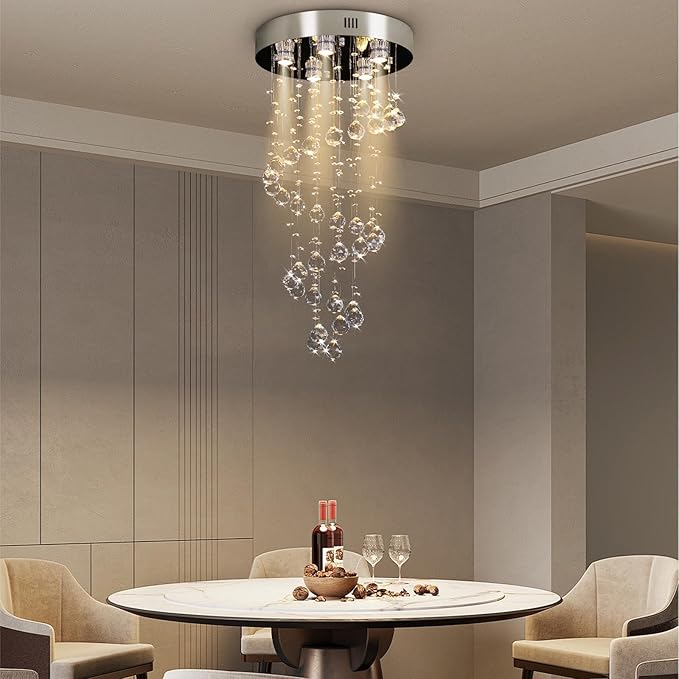 FRIXCHUR Spiral Crystal Chandelier Modern Raindrop Flush Mount Pendant Light for High Ceilings 5-Lights K9 Crystal Ball Chandeliers for Dining Room Kitchen Hallay D15.7 * H35.4