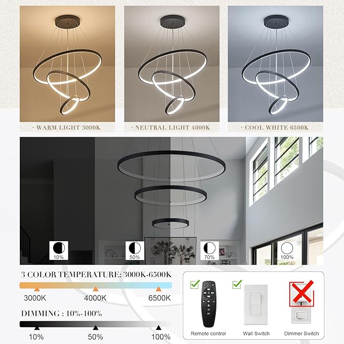 Modern LED Chandeliers 3 Rings Black Chandelier Dimmable LED Pendant Light Fixture Remote Control Contemporary Flush Mount Chandelier for Dining Room Bedroom Foyer, 3000-6500K